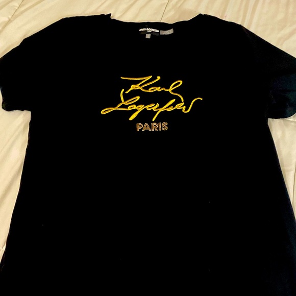 Karl Lagerfeld Paris Gold Embroidery on Black TShirt Women’s Unisex size XL - Picture 3 of 9